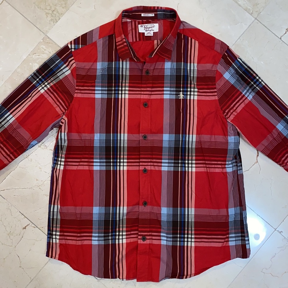 ORIGINAL PENGUIN Long Sleeve Red Plaid Shirt